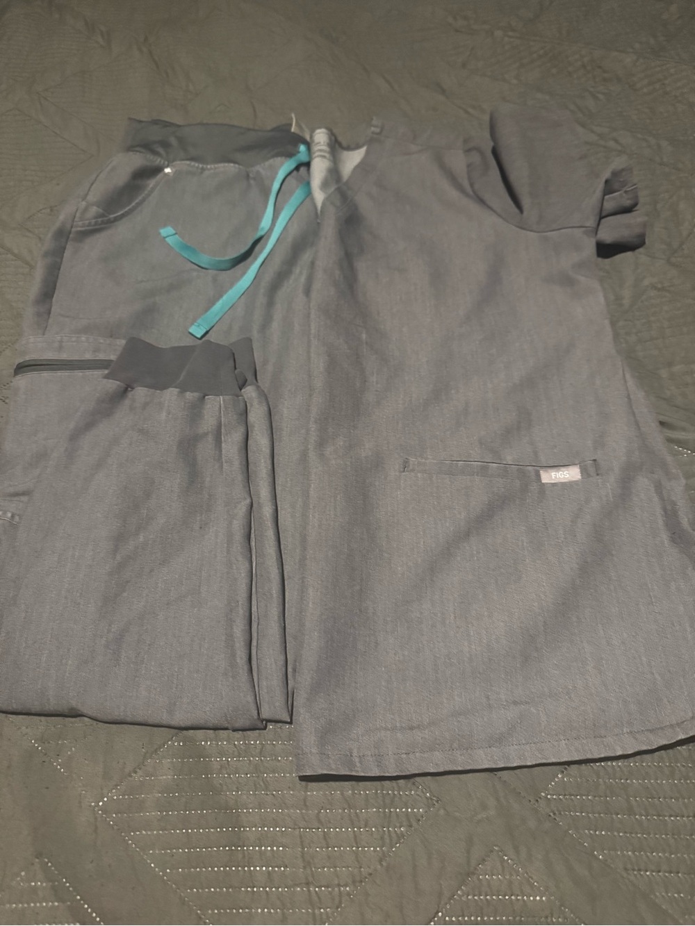 Figs Women's Dark Gray Jogger Scrubs with Teal Drawstring